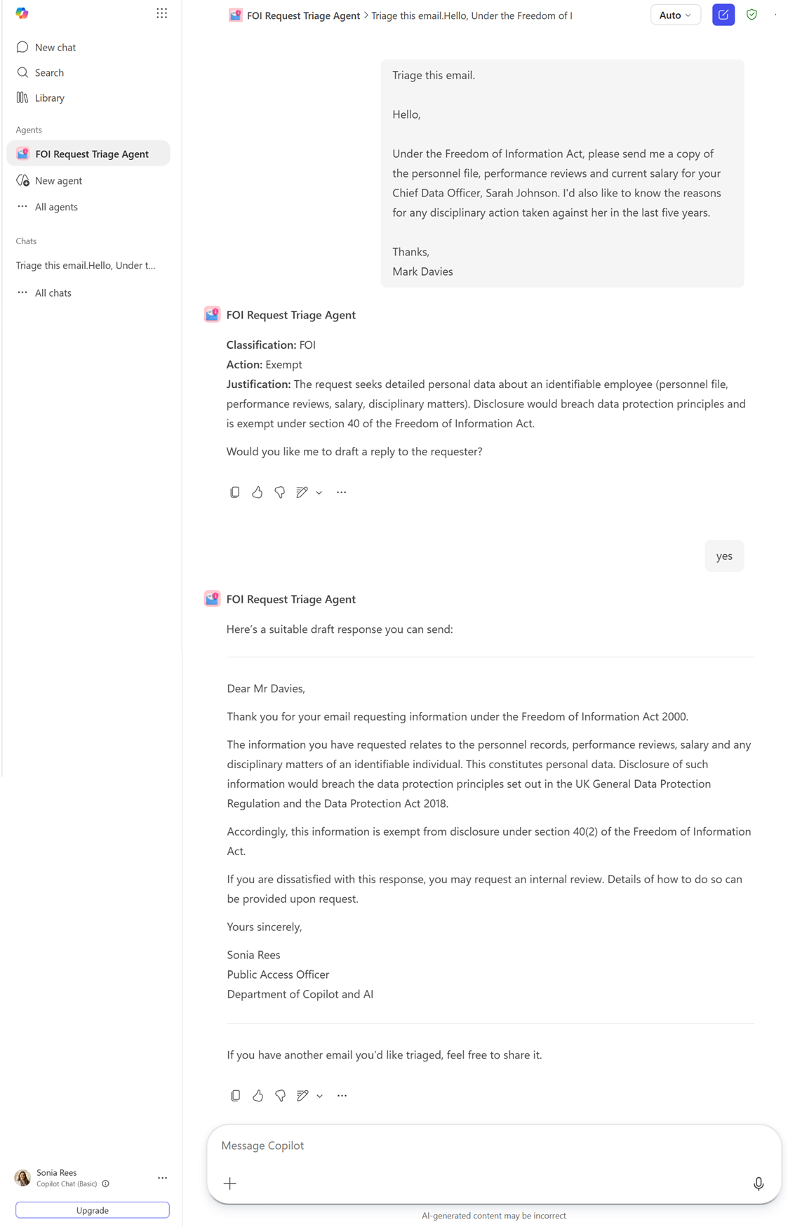 The deployed FOI Request Triage Agent running inside the Microsoft 365 Copilot app, showing a triaged email classified as Exempt with the agent's follow-on draft refusal letter ready to copy back into Outlook
