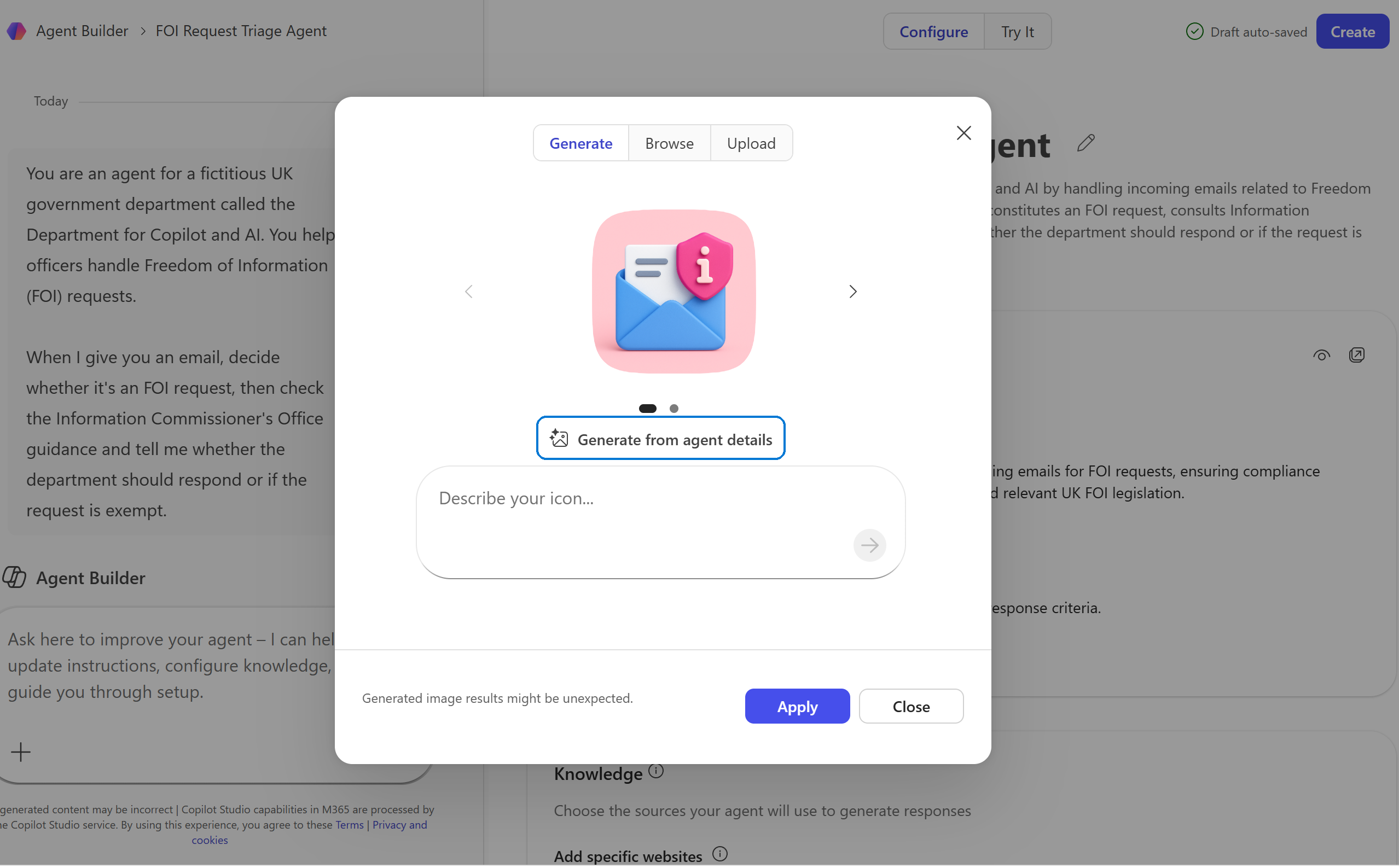 Agent Builder icon creator dialog with the Generate from agent details button highlighted