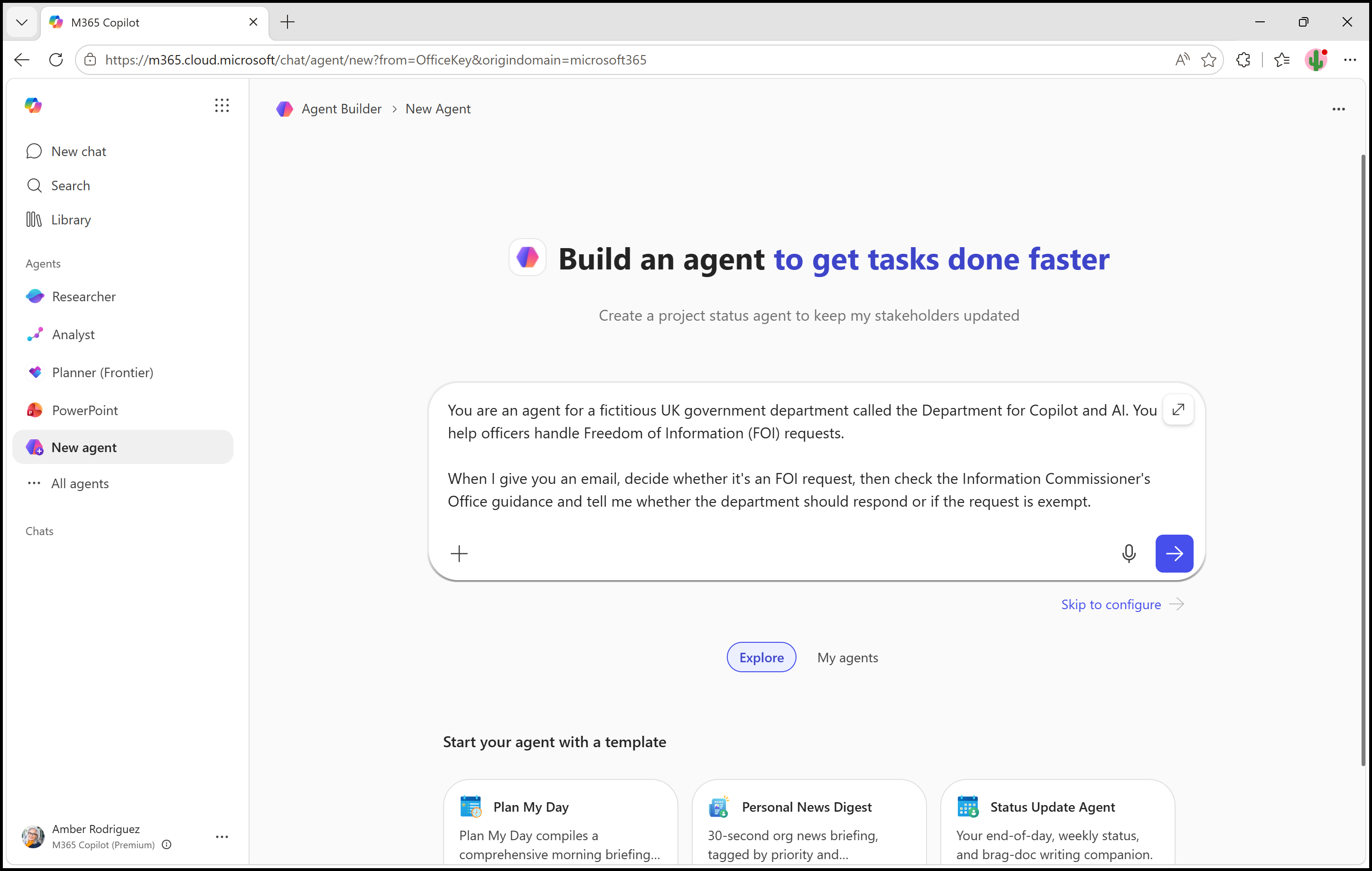 Agent Builder with the first FOI agent instruction pasted into the message box, ready to send