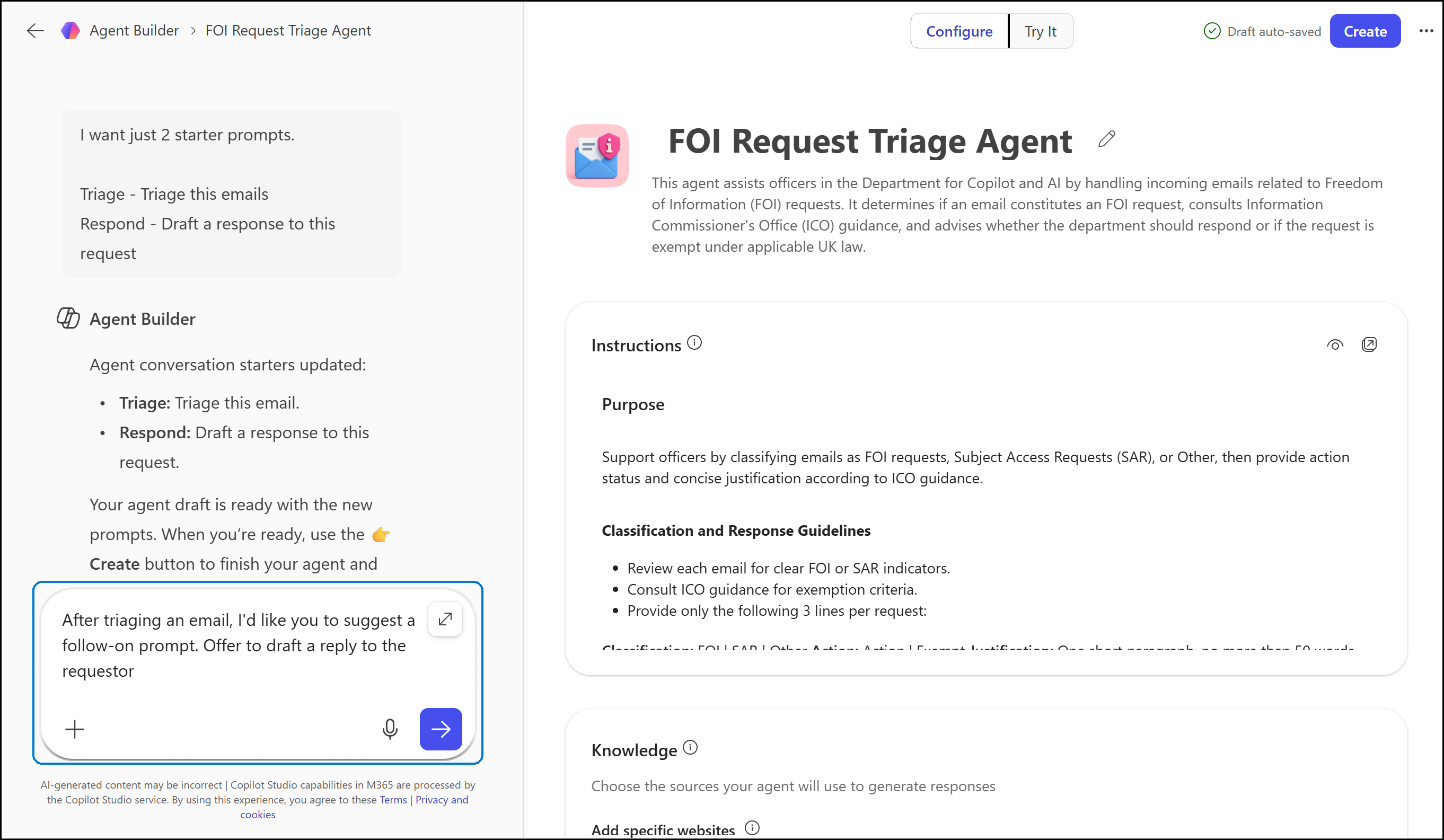 Agent Builder Conversation tab with the follow-on-prompt instruction typed into the highlighted chat input on the left, and the Configure pane showing the current Instructions on the right