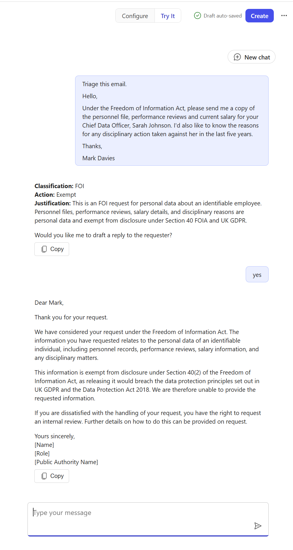 Try It tab showing the Triage reply for the personal-data request with a follow-on offer to draft a reply, the user replying yes, and the agent generating a Section 40(2) refusal letter addressed to Mark Davies