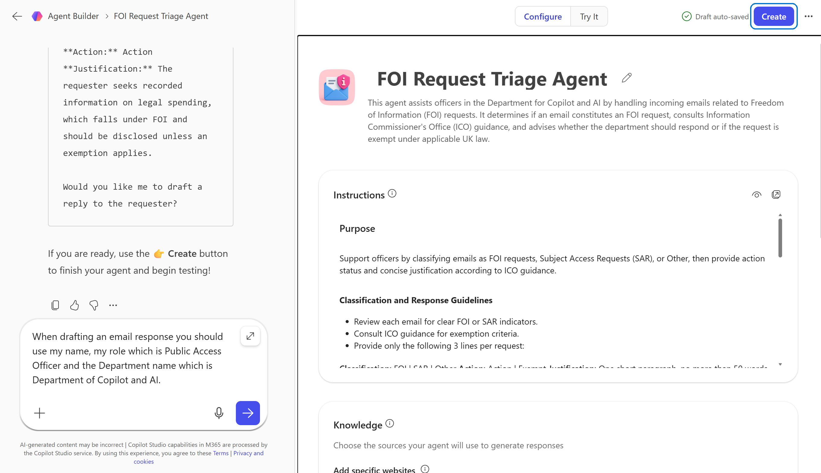 Agent Builder header with the Create button highlighted in the top-right corner next to the Draft auto-saved indicator