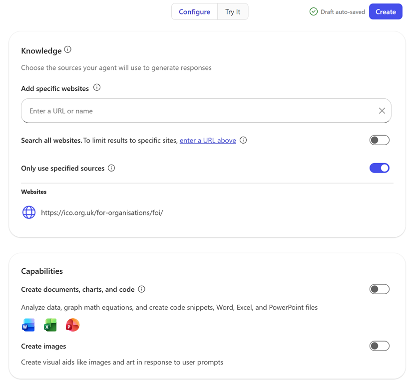 Agent Builder Configure pane showing the Knowledge section with the ICO FOI URL added and Only use specified sources toggled on