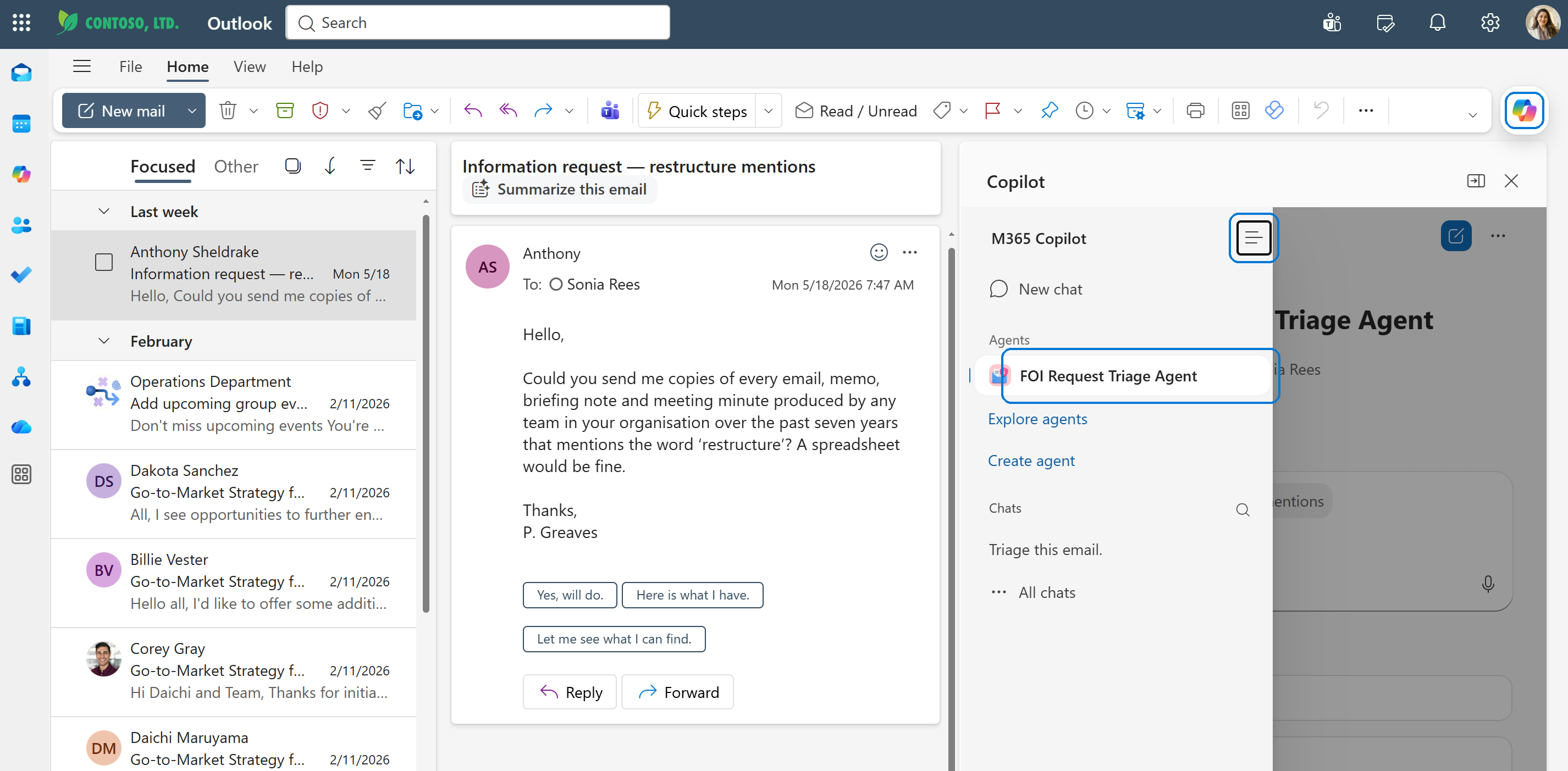 Outlook with the Copilot pane open and the agent menu expanded, showing the top-right Copilot toolbar button, the Copilot menu button at the top of the pane and the FOI Request Triage Agent row in the dropdown all highlighted
