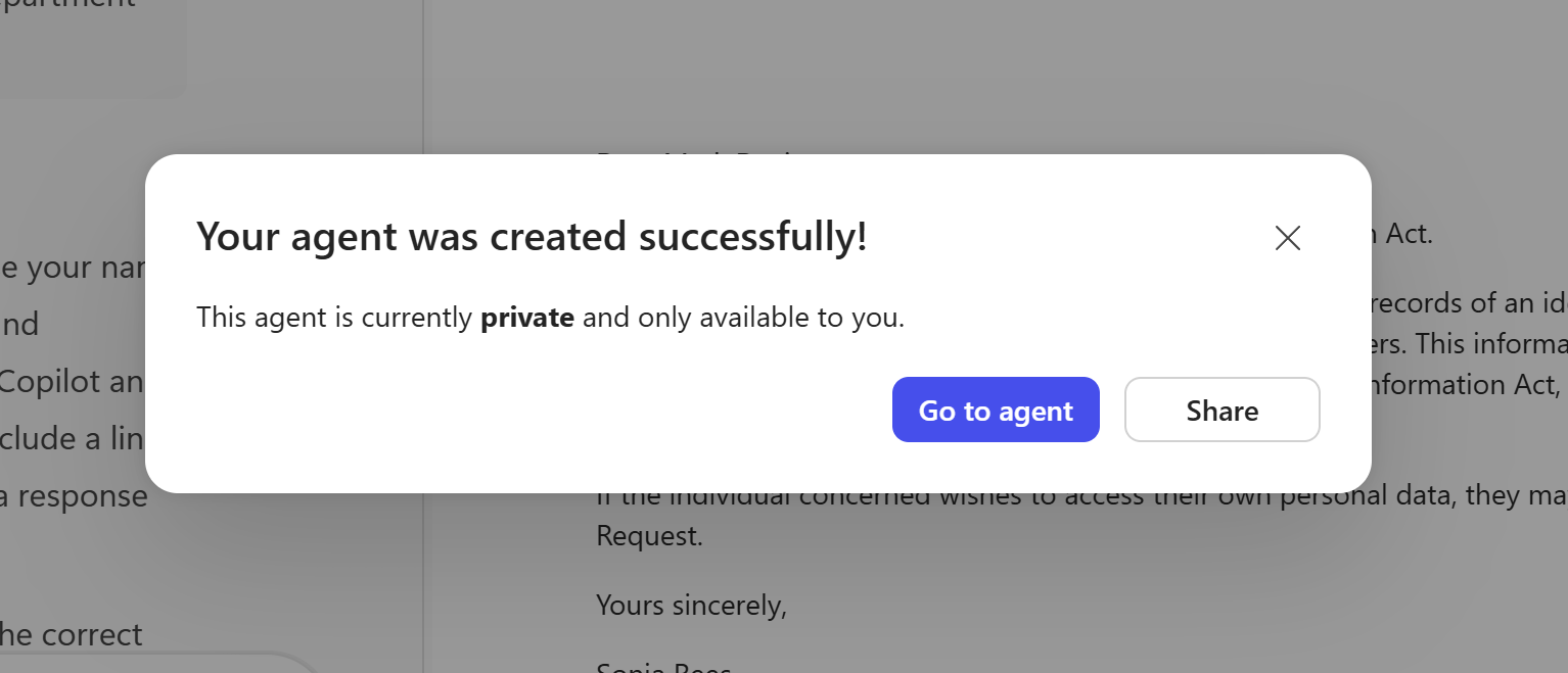 Your agent was created successfully dialog showing the agent is currently private and only available to you, with Go to agent and Share buttons