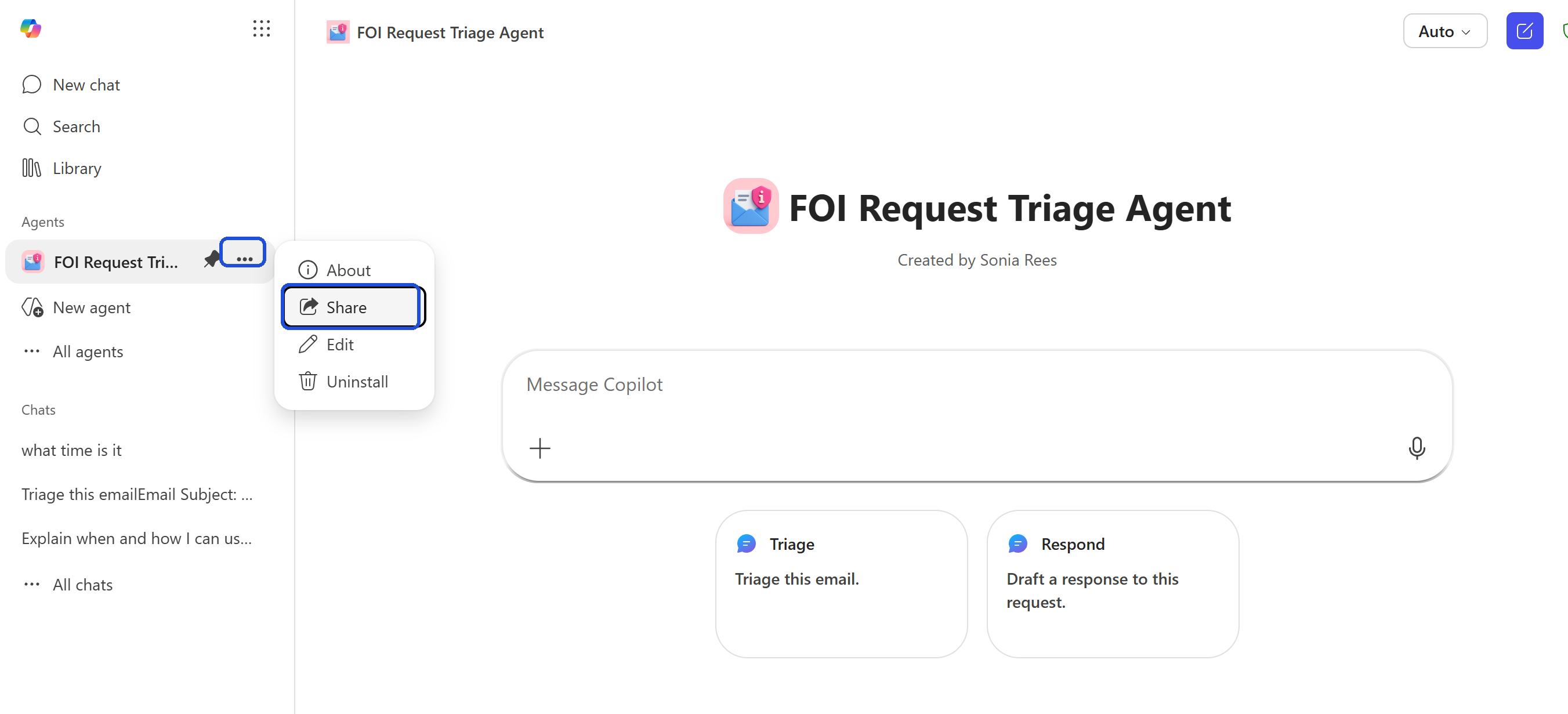 The Microsoft 365 Copilot app sidebar with the FOI Request Triage Agent pinned, the three-dots context menu button and the Share option in the resulting dropdown both highlighted