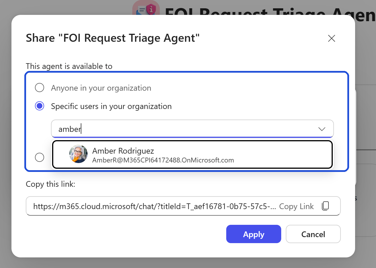 The Share dialog for the FOI Request Triage Agent with &lsquo;amber&rsquo; typed into the people search box and Amber Rodriguez surfaced as a matching colleague, both the search box and the suggested person row highlighted