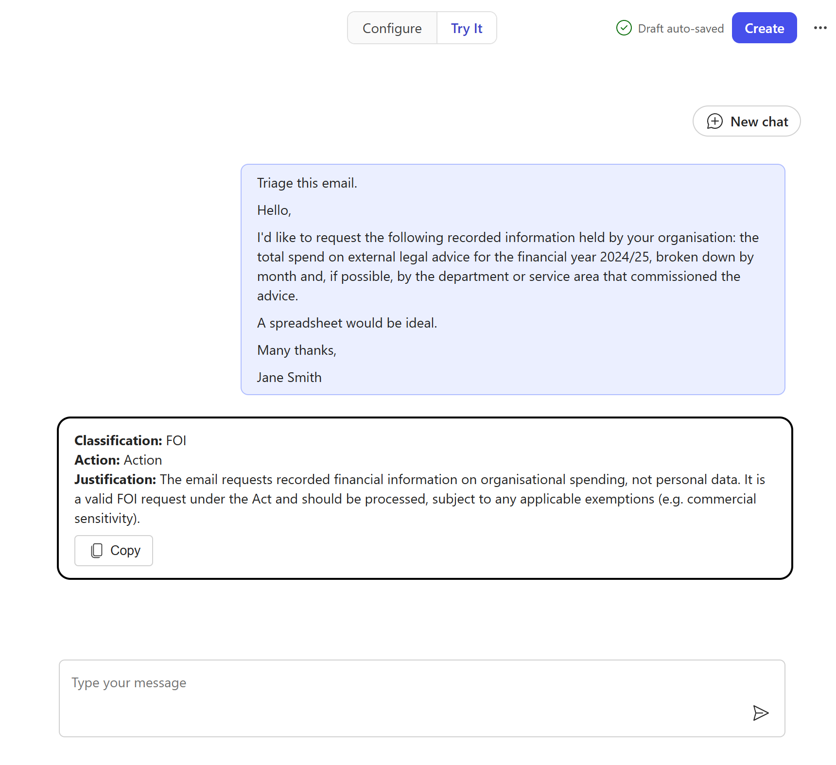 FOI Request Checker reply to the Triage prompt showing Classification: FOI, Action: Action, and a one-paragraph Justification, with no preamble or sign-off