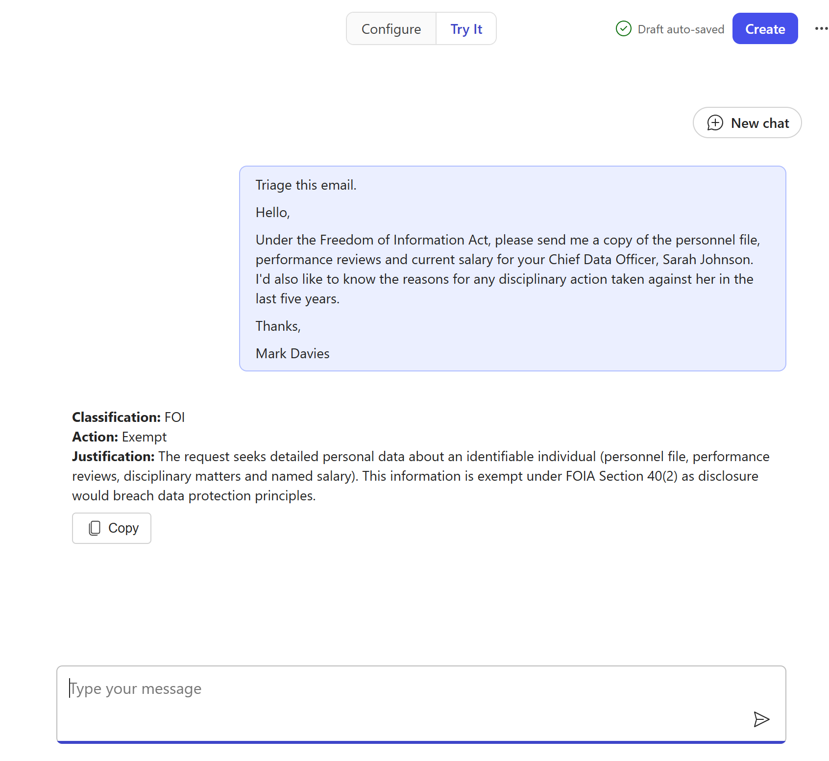 FOI Request Checker reply to the personal-data request showing Classification: FOI, Action: Exempt, and a Justification citing FOIA Section 40(2)