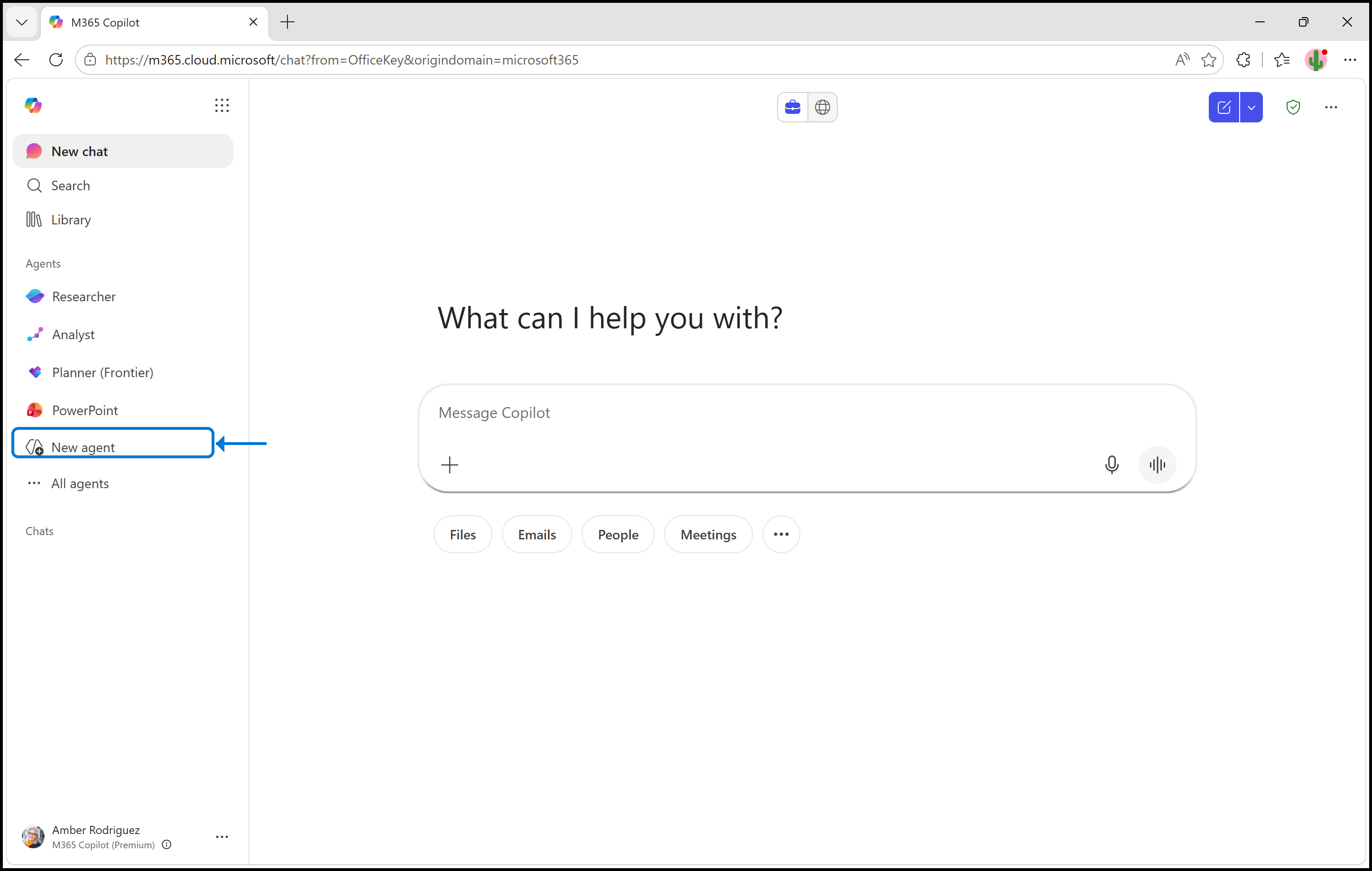 Microsoft 365 Copilot home page with the New agent option highlighted in the left sidebar