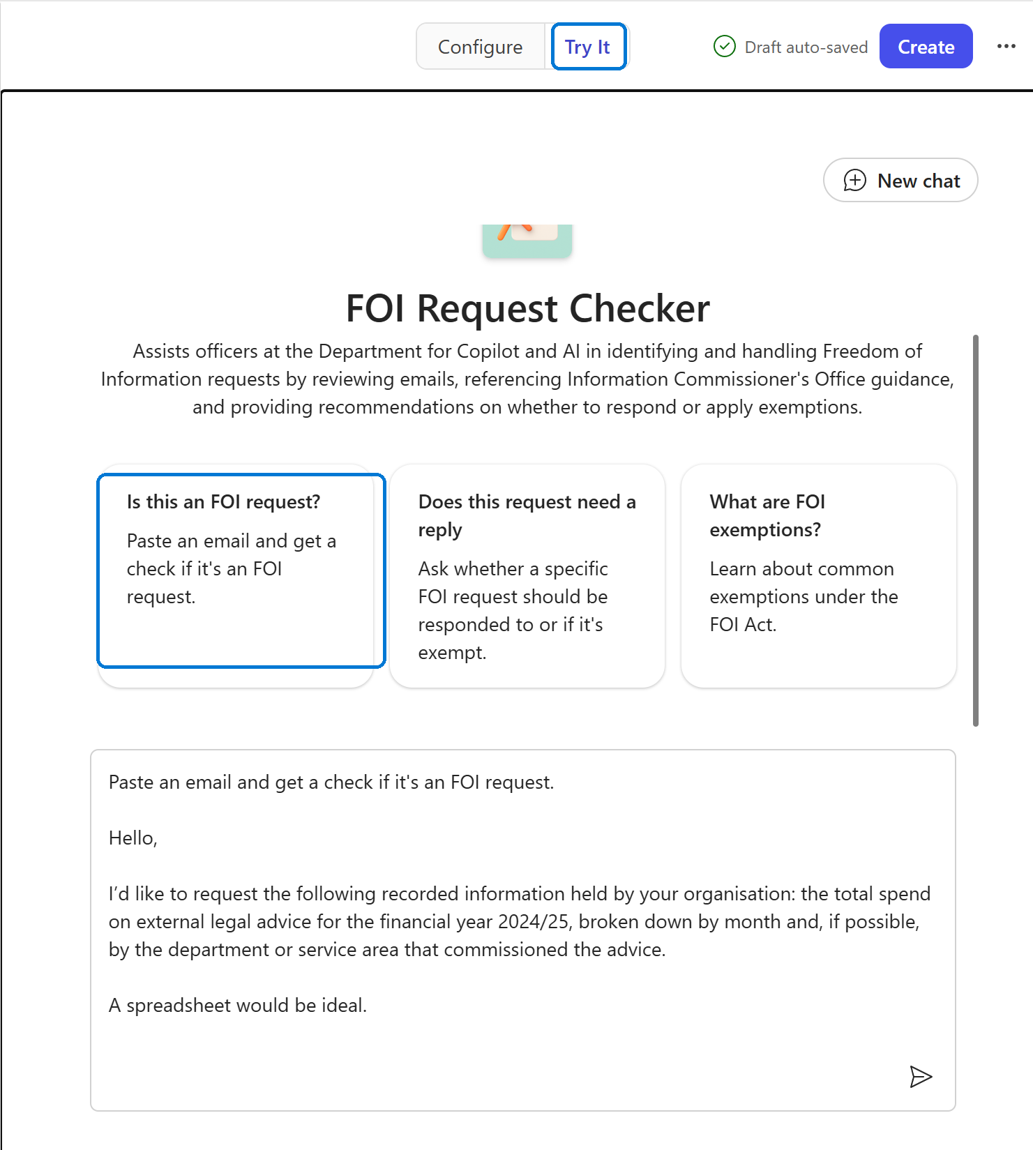 FOI Request Checker agent in Try It mode, with the Try It tab and the first suggested prompt highlighted